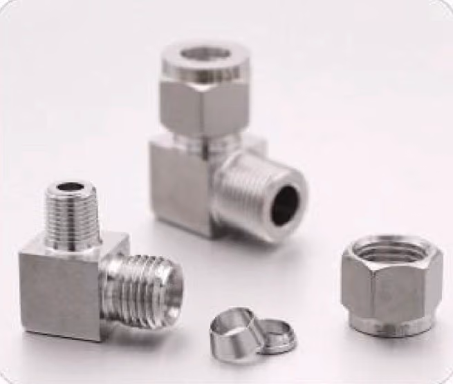 Double-ferrule stainless steel compression elbow — catalog sample